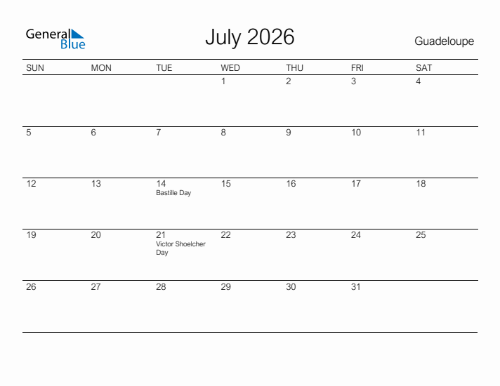 Printable July 2026 Calendar for Guadeloupe