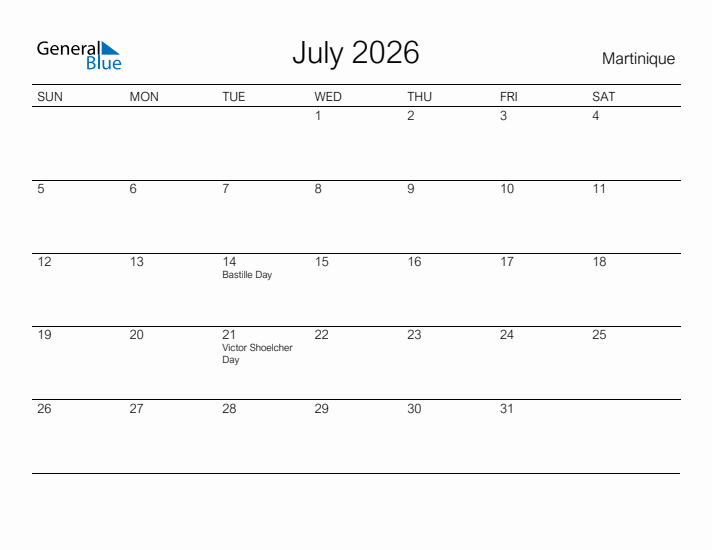 Printable July 2026 Calendar for Martinique