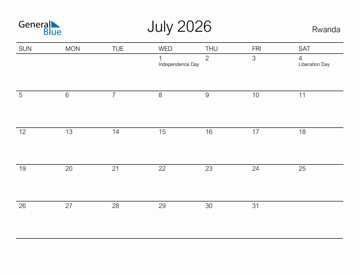 Printable July 2026 Calendar for Rwanda