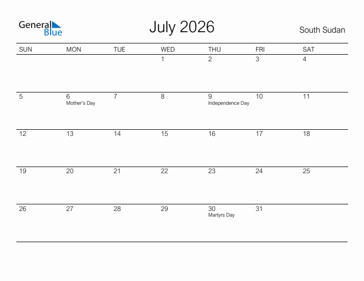 Printable July 2026 Calendar for South Sudan