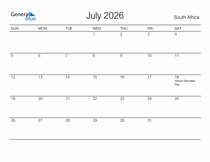 Printable July 2026 Calendar for South Africa