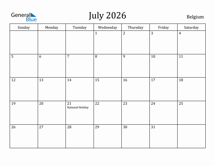 July 2026 Calendar Belgium