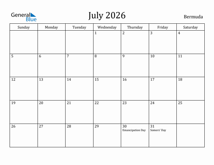 July 2026 Calendar Bermuda