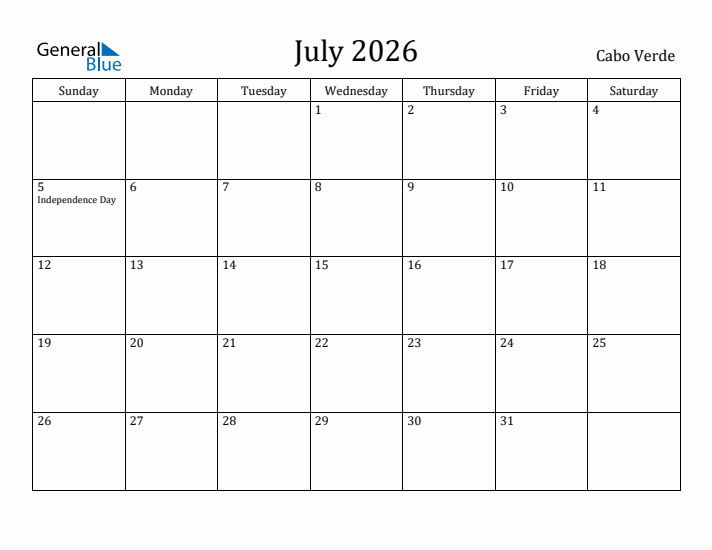 July 2026 Calendar Cabo Verde