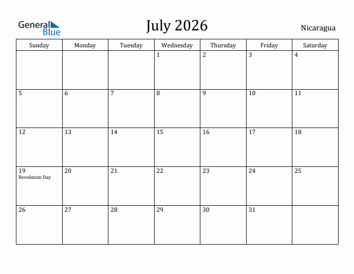 July 2026 Calendar Nicaragua