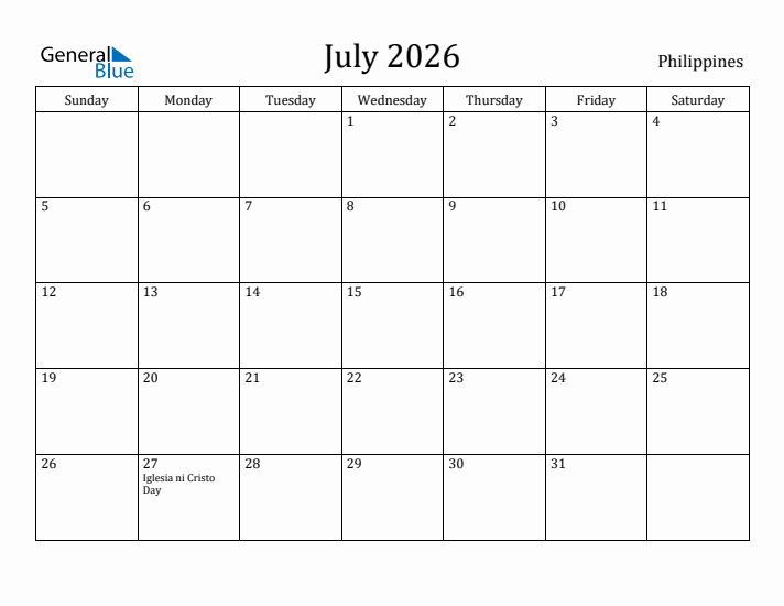 July 2026 Calendar Philippines