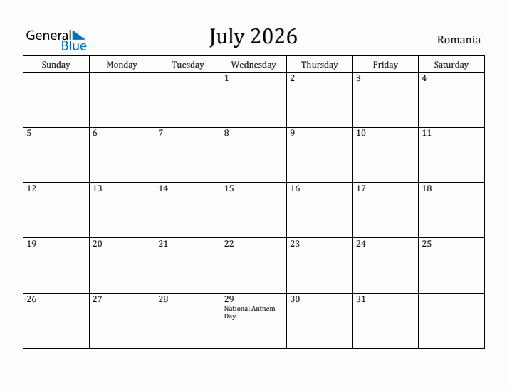 July 2026 Calendar Romania