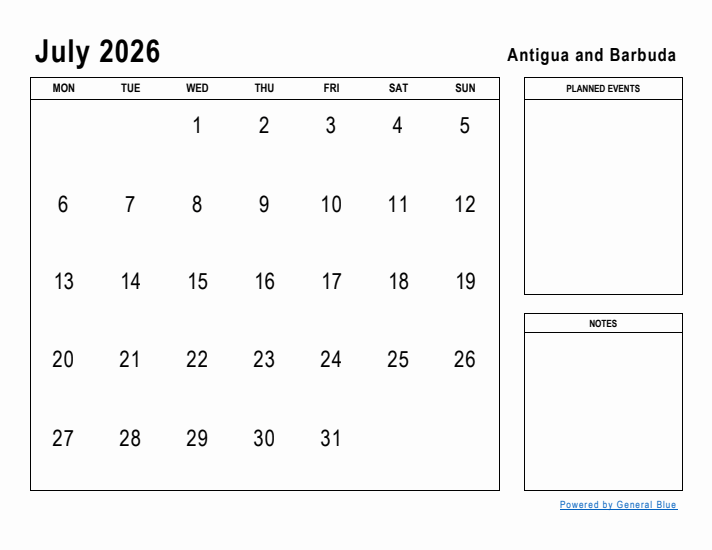 July 2026 Printable Monthly Calendar with Antigua and Barbuda Holidays