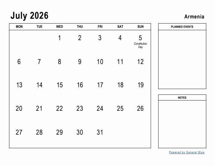 July 2026 Printable Monthly Calendar with Armenia Holidays