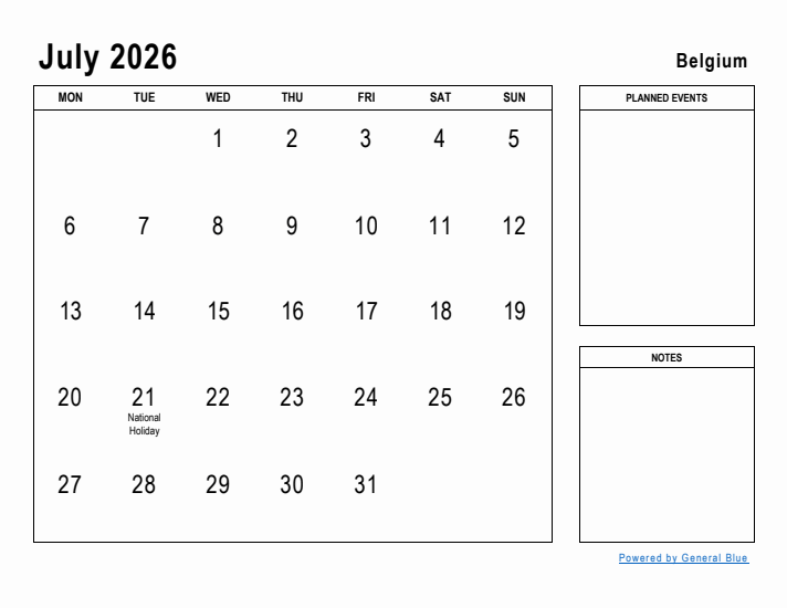 July 2026 Printable Monthly Calendar with Belgium Holidays