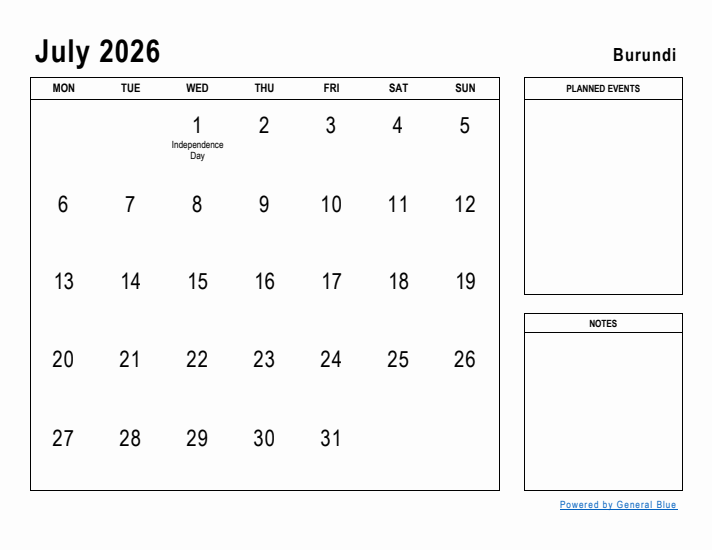 July 2026 Printable Monthly Calendar with Burundi Holidays