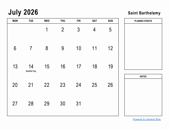 July 2026 Printable Monthly Calendar with Saint Barthelemy Holidays