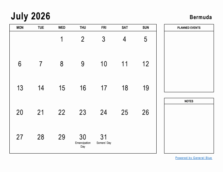 July 2026 Printable Monthly Calendar with Bermuda Holidays