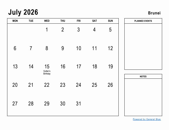 July 2026 Printable Monthly Calendar with Brunei Holidays