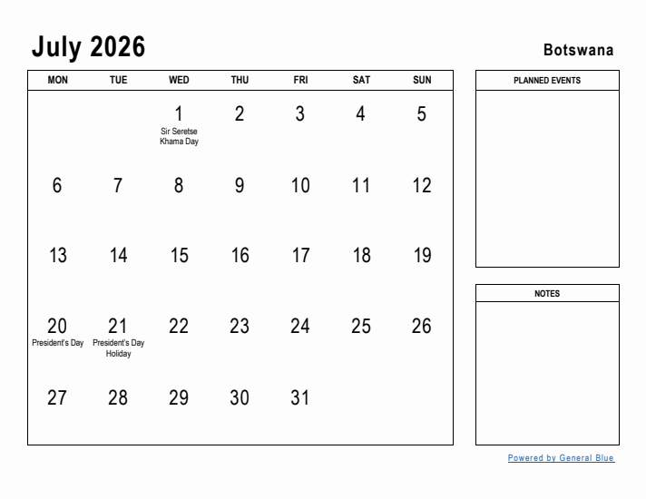 July 2026 Printable Monthly Calendar with Botswana Holidays