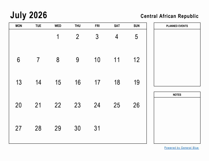 July 2026 Printable Monthly Calendar with Central African Republic Holidays