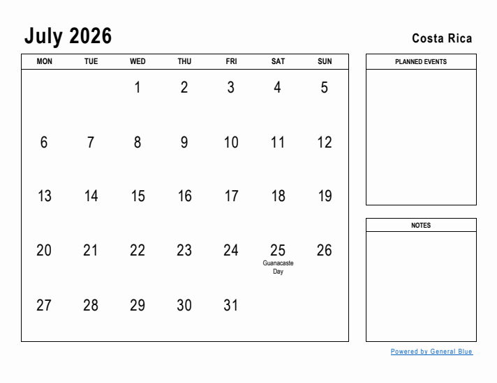 July 2026 Printable Monthly Calendar with Costa Rica Holidays