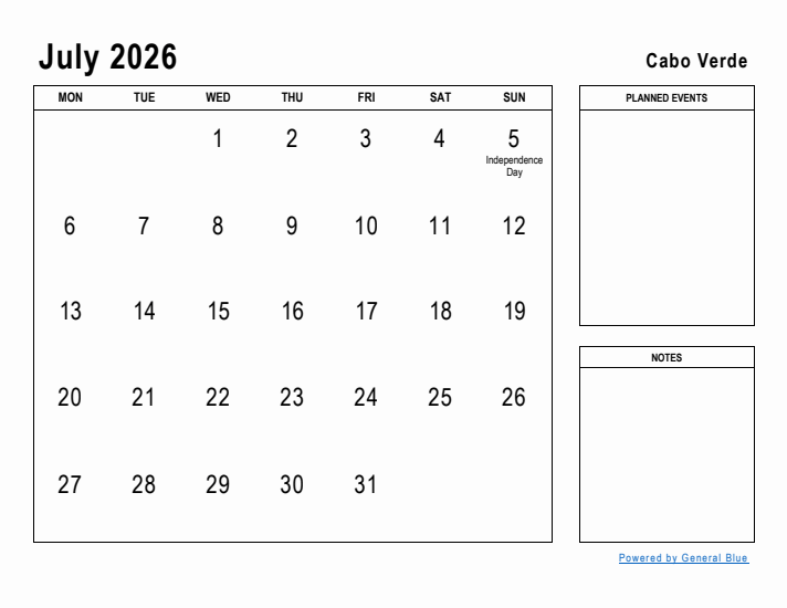 July 2026 Printable Monthly Calendar with Cabo Verde Holidays