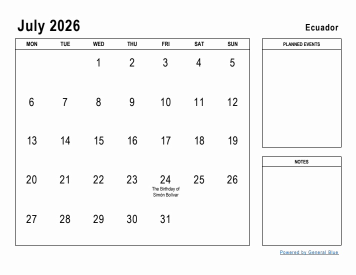 July 2026 Printable Monthly Calendar with Ecuador Holidays