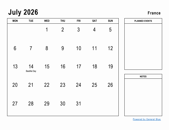 July 2026 Printable Monthly Calendar with France Holidays