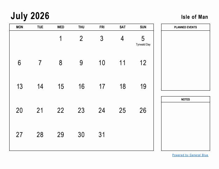 July 2026 Printable Monthly Calendar with Isle of Man Holidays