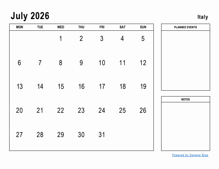 July 2026 Printable Monthly Calendar with Italy Holidays