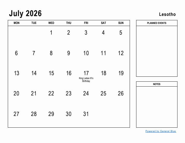 July 2026 Printable Monthly Calendar with Lesotho Holidays