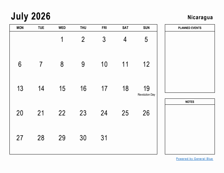 July 2026 Printable Monthly Calendar with Nicaragua Holidays