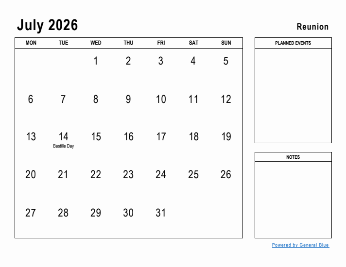 July 2026 Printable Monthly Calendar with Reunion Holidays