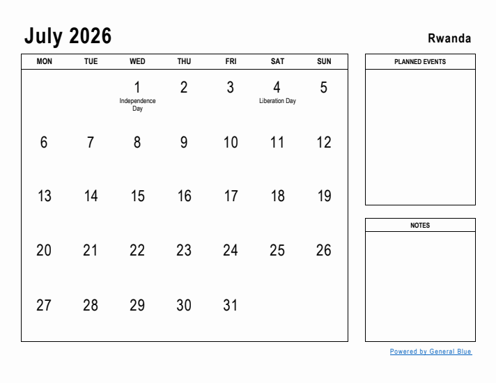 July 2026 Printable Monthly Calendar with Rwanda Holidays