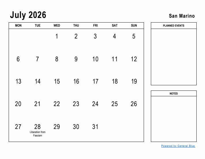 July 2026 Printable Monthly Calendar with San Marino Holidays