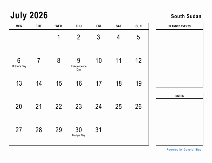 July 2026 Printable Monthly Calendar with South Sudan Holidays