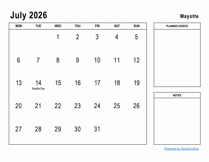 July 2026 Printable Monthly Calendar with Mayotte Holidays