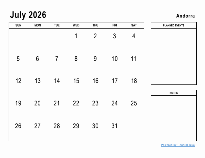 July 2026 Printable Monthly Calendar with Andorra Holidays