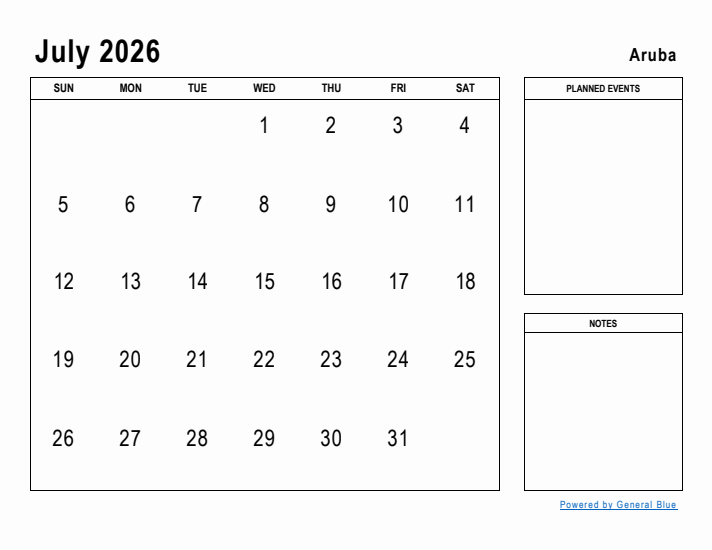 July 2026 Printable Monthly Calendar with Aruba Holidays