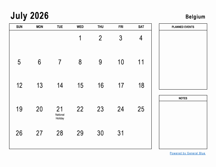 July 2026 Printable Monthly Calendar with Belgium Holidays