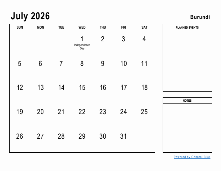 July 2026 Printable Monthly Calendar with Burundi Holidays