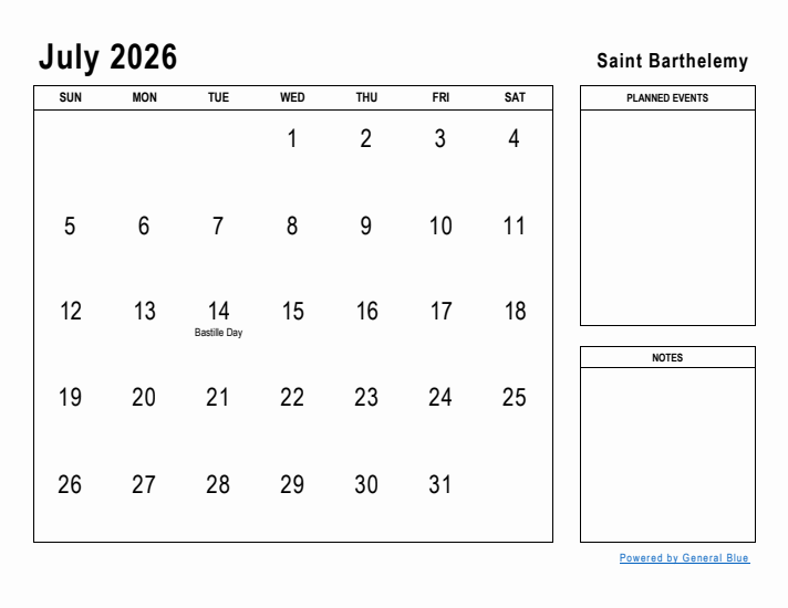 July 2026 Printable Monthly Calendar with Saint Barthelemy Holidays