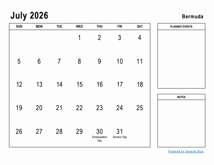 July 2026 Printable Monthly Calendar with Bermuda Holidays