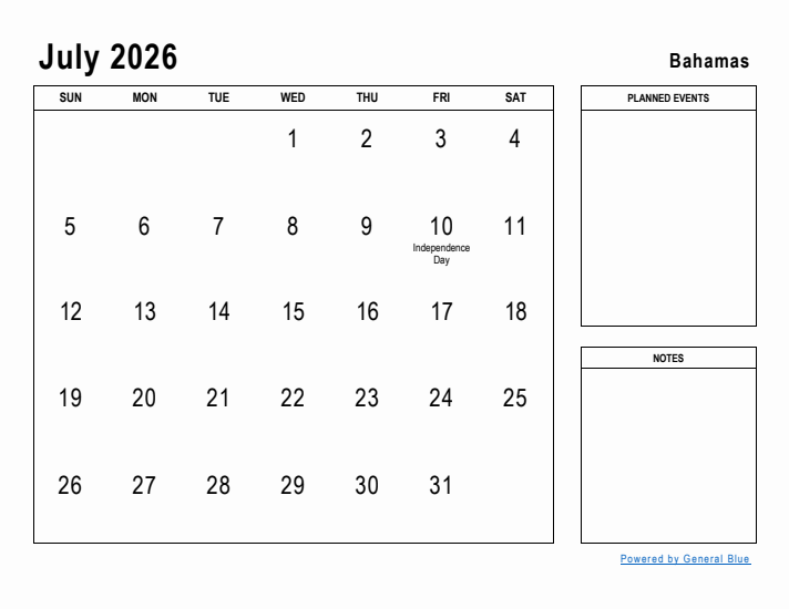 July 2026 Printable Monthly Calendar with Bahamas Holidays