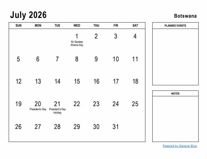 July 2026 Printable Monthly Calendar with Botswana Holidays