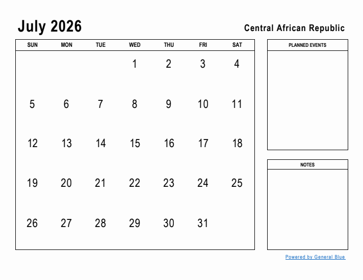 July 2026 Printable Monthly Calendar with Central African Republic Holidays