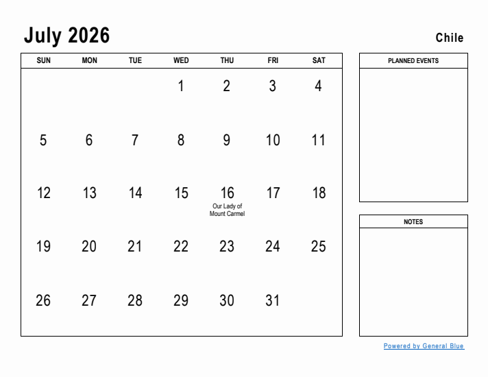 July 2026 Printable Monthly Calendar with Chile Holidays