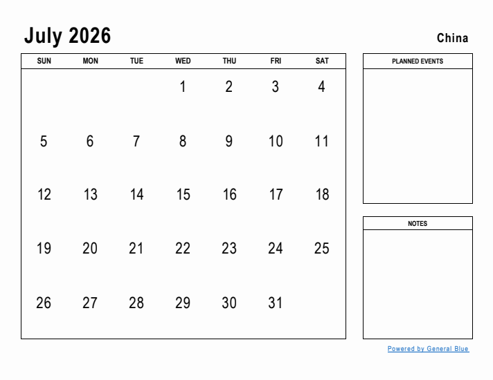 July 2026 Printable Monthly Calendar with China Holidays