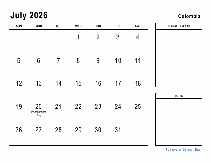 July 2026 Printable Monthly Calendar with Colombia Holidays