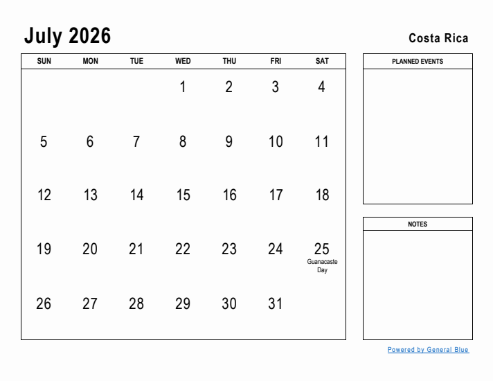 July 2026 Printable Monthly Calendar with Costa Rica Holidays