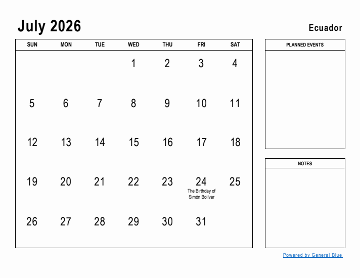 July 2026 Printable Monthly Calendar with Ecuador Holidays