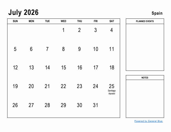 July 2026 Printable Monthly Calendar with Spain Holidays