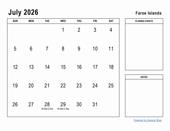 July 2026 Printable Monthly Calendar with Faroe Islands Holidays