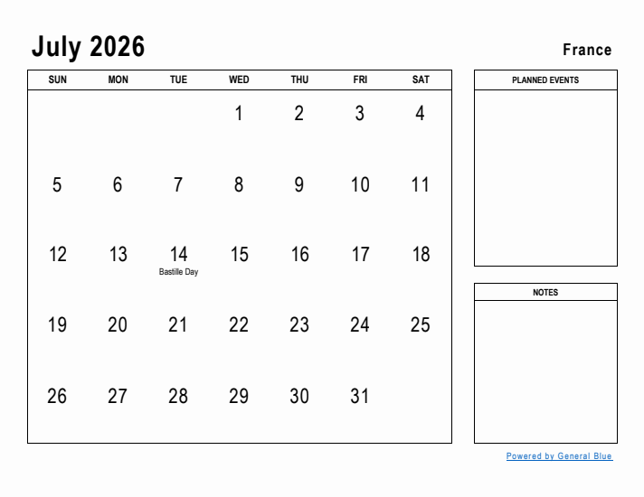 July 2026 Printable Monthly Calendar with France Holidays